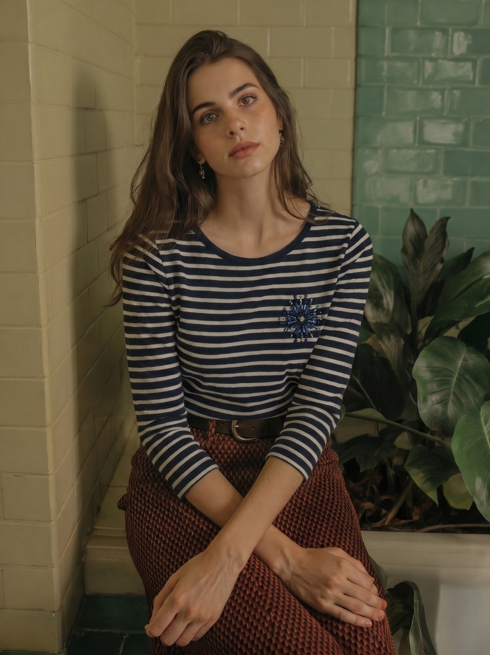 ∆-J.Crew Bejeweled Striped Long Sleeves  Cotton Top w/ Flower Brooch- SZ: S
